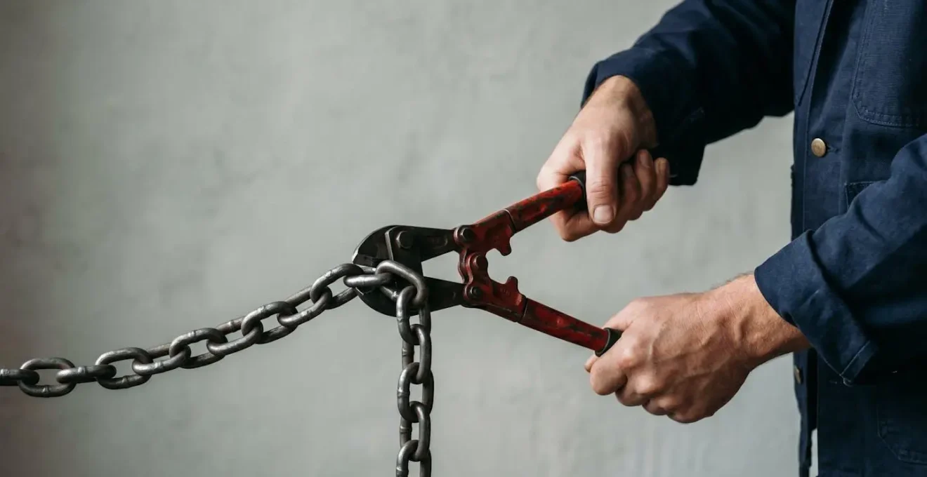 A person cutting through heavy chains with determination, symbolizing breaking free from high-interest debt