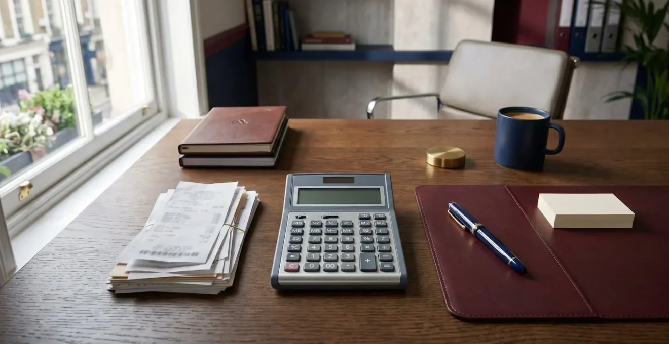 Professional UK business expenses documentation with calculator and receipts on modern office desk