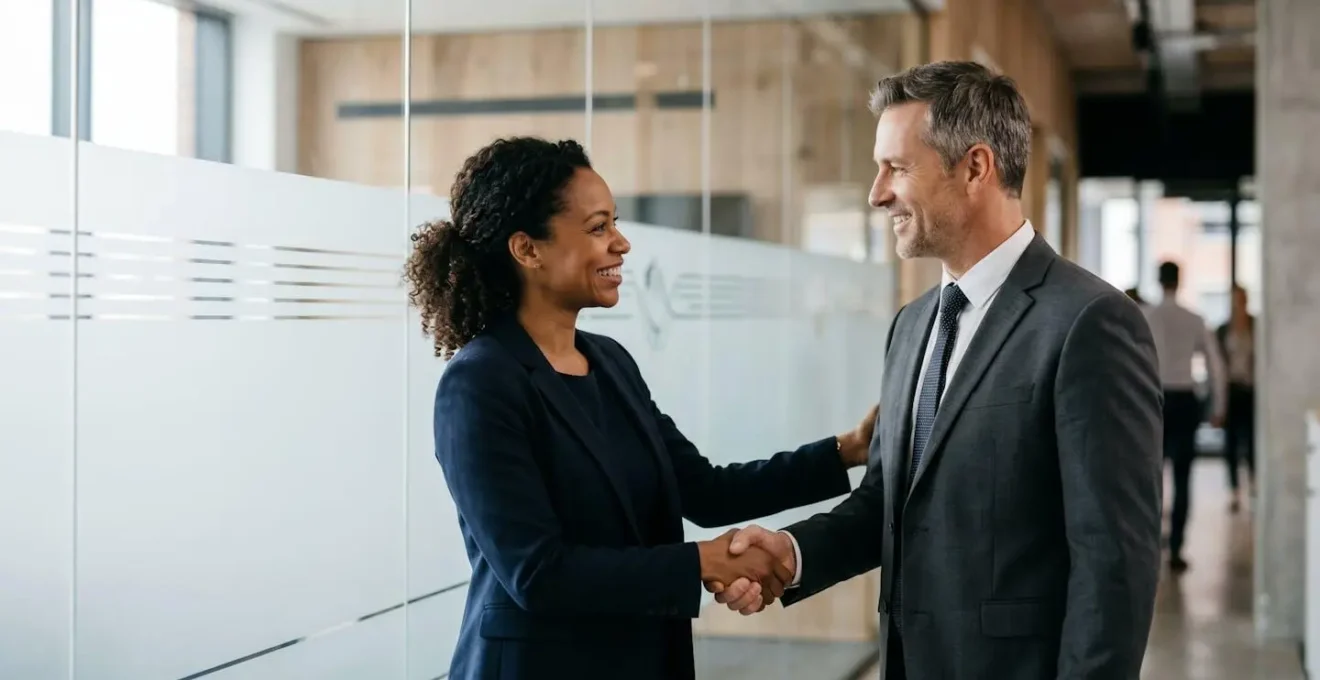 Professional business partners finalizing commercial lease agreement in modern property setting