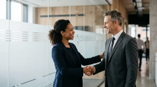Professional business partners finalizing commercial lease agreement in modern property setting
