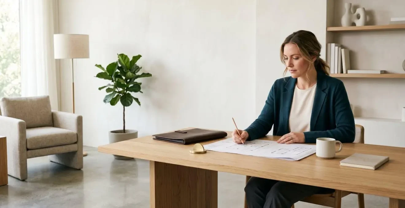 Professional reviewing mortgage documents with strategic financial planning elements in modern setting