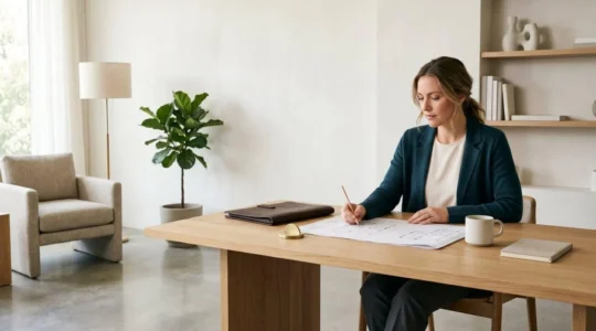Professional reviewing mortgage documents with strategic financial planning elements in modern setting