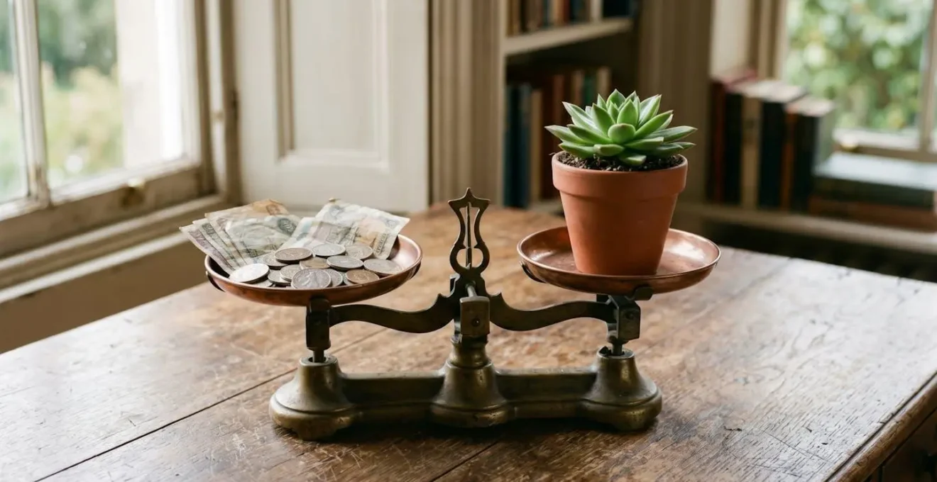 Conceptual financial stability image showing balanced scales representing security over income in British household context