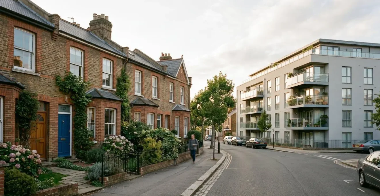 Contrasting architectural view showing a traditional freehold house and modern apartment building representing residential property investment choices