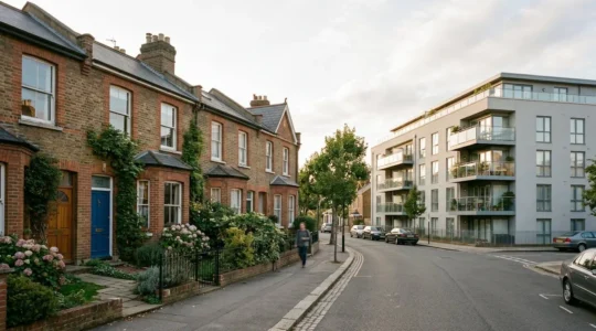 Contrasting architectural view showing a traditional freehold house and modern apartment building representing residential property investment choices