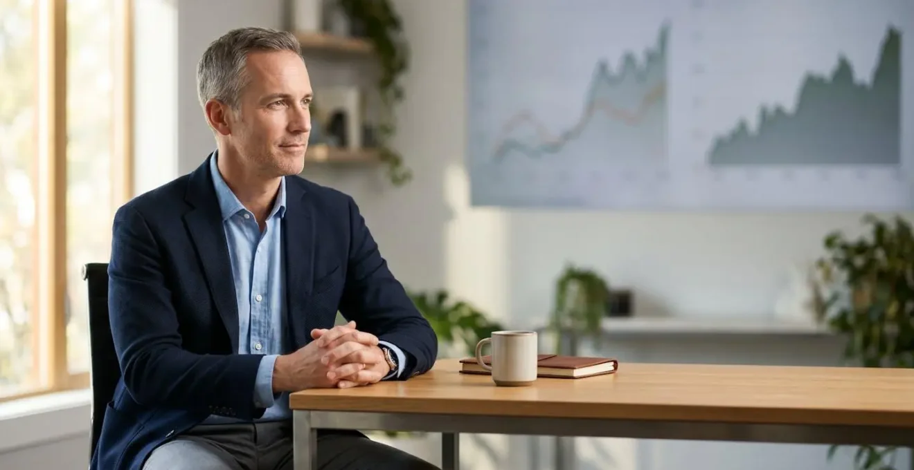 Investor viewing market charts with calm confidence during volatility