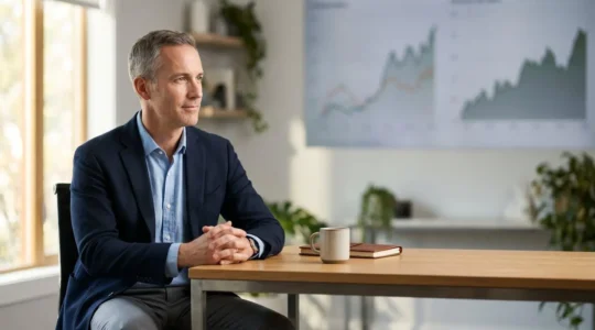 Investor viewing market charts with calm confidence during volatility