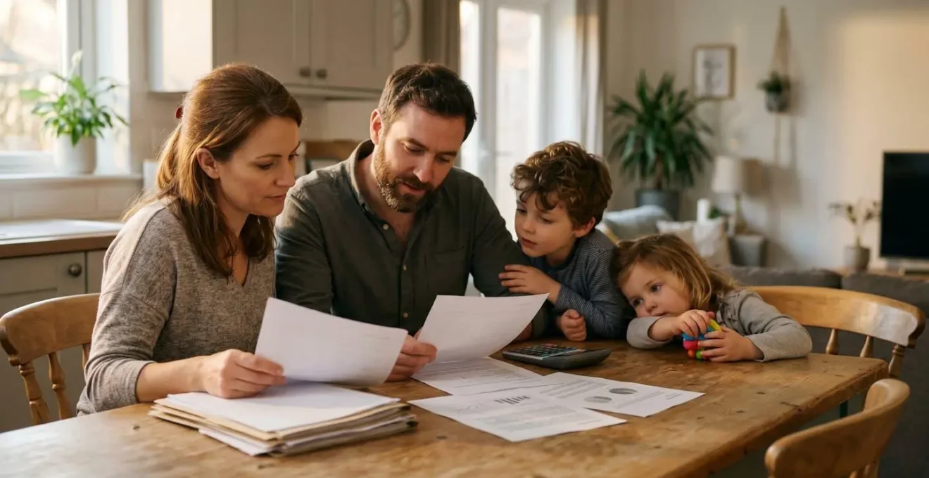 Family reviewing healthcare insurance options with paperwork and calculator on table