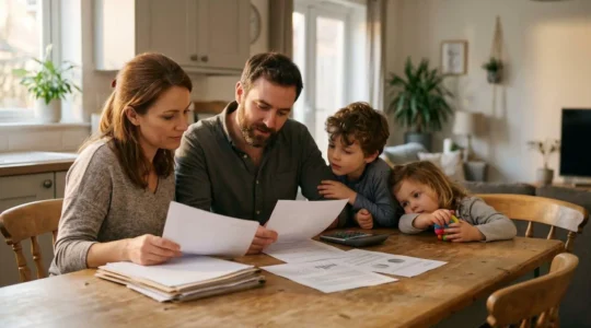 Family reviewing healthcare insurance options with paperwork and calculator on table