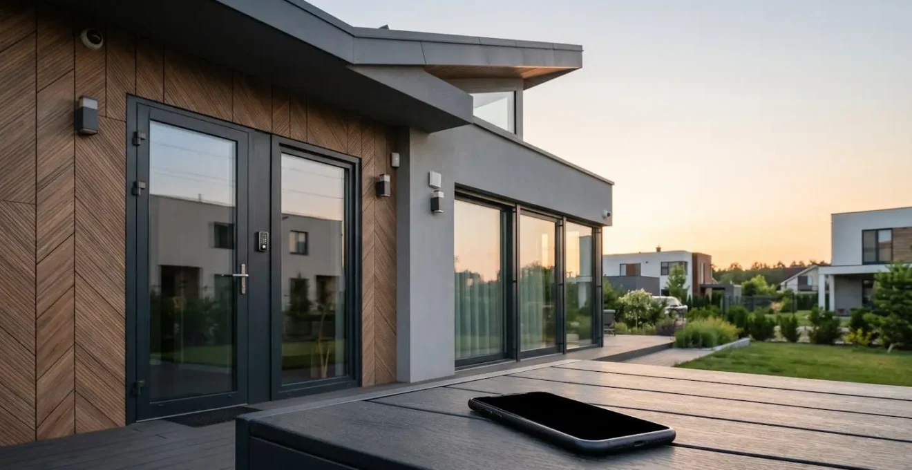 Modern landlord managing rental property remotely through smartphone with automated systems