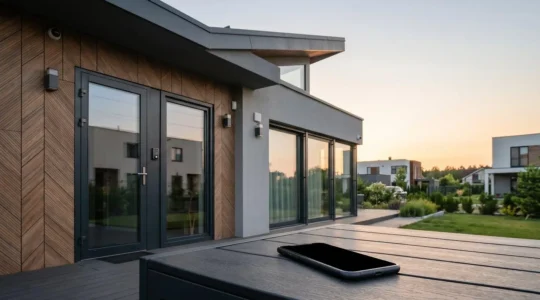 Modern landlord managing rental property remotely through smartphone with automated systems