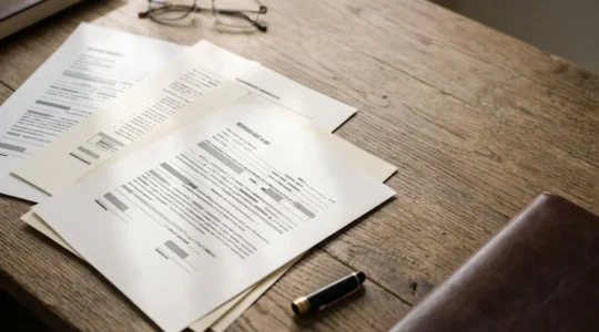 Estate planning documents with pension beneficiary designation forms arranged on a desk