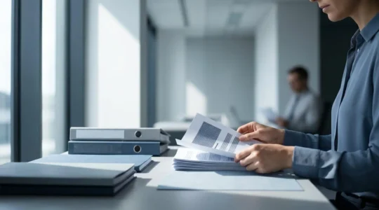 Professional consultant reviewing liability insurance policy documents with protective shield symbolism
