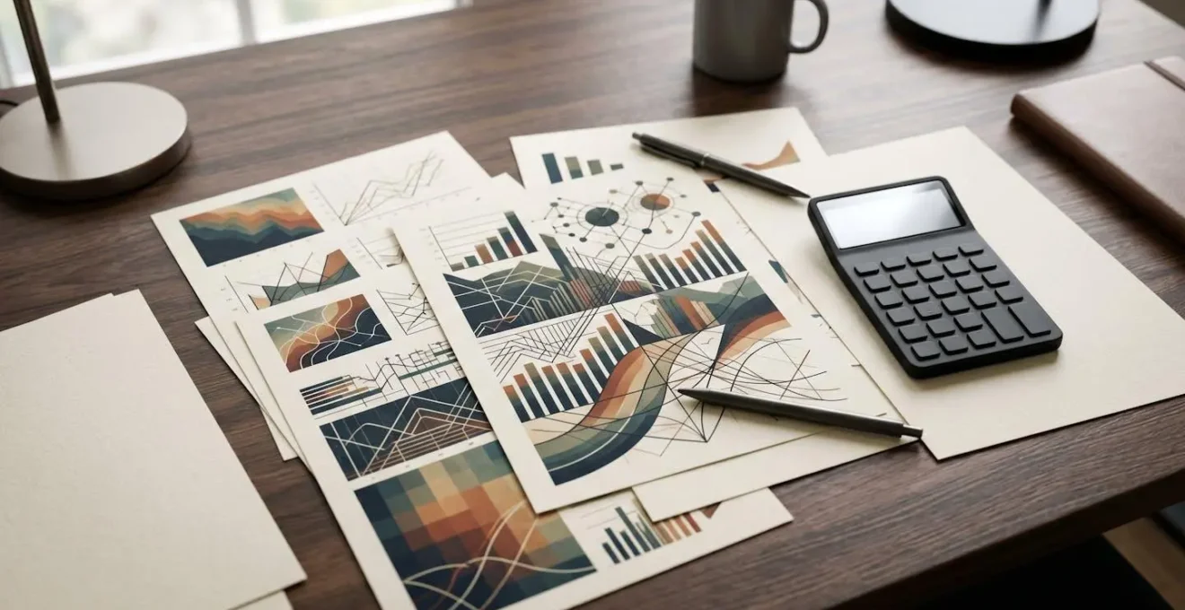 Professional financial analysis workspace showing property investment calculation sheets and data visualization