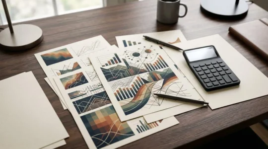 Professional financial analysis workspace showing property investment calculation sheets and data visualization