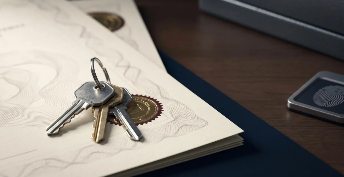 Close-up of property legal documents with security elements emphasizing title fraud protection and home ownership security