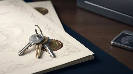 Close-up of property legal documents with security elements emphasizing title fraud protection and home ownership security