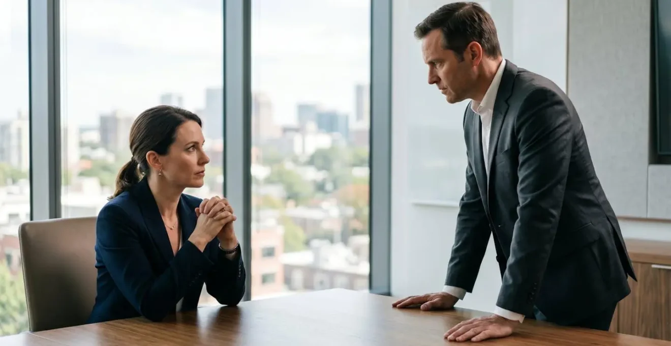 Two business professionals in a modern boardroom engaged in serious negotiation