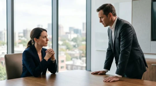 Two business professionals in a modern boardroom engaged in serious negotiation