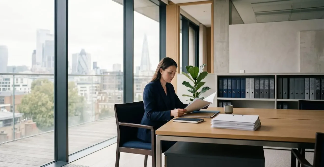 Professional solicitor carefully reviewing detailed financial source of funds documentation in modern law office setting