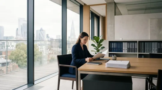 Professional solicitor carefully reviewing detailed financial source of funds documentation in modern law office setting