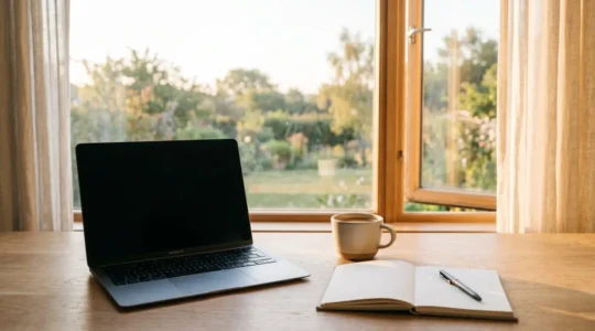 A calm Sunday morning financial planning workspace with natural lighting