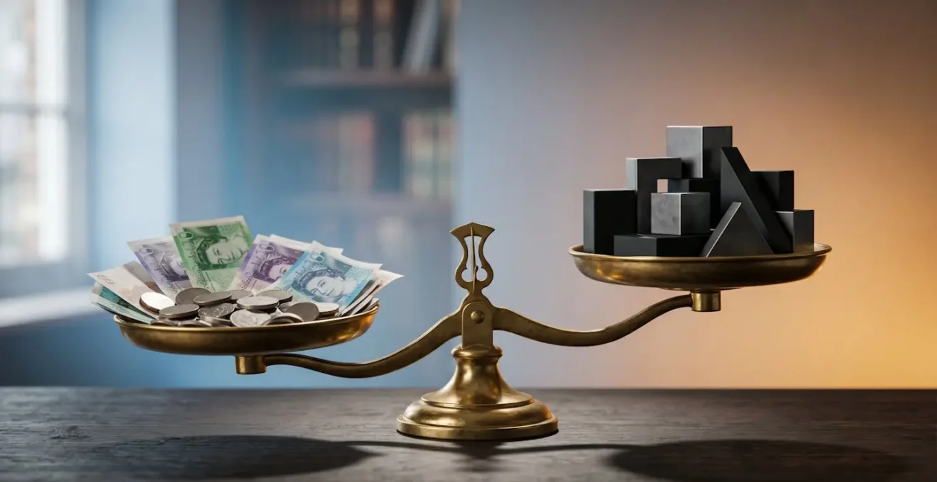Professional editorial photograph symbolizing the fine line between legal tax planning and illegal tax evasion in UK finance