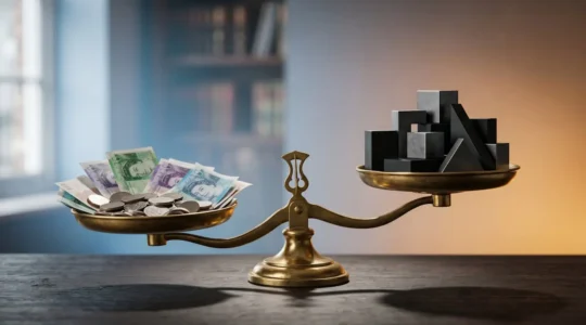 Professional editorial photograph symbolizing the fine line between legal tax planning and illegal tax evasion in UK finance