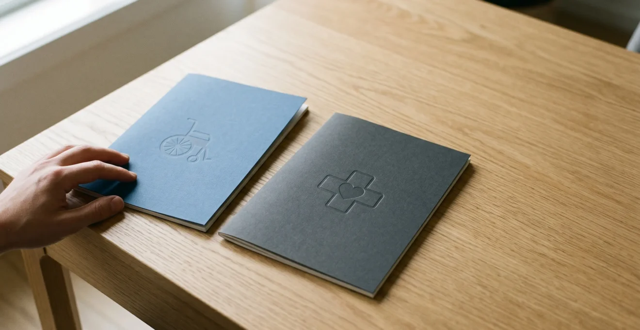 Professional comparing insurance policy documents with disability and medical support symbols in contemplative setting