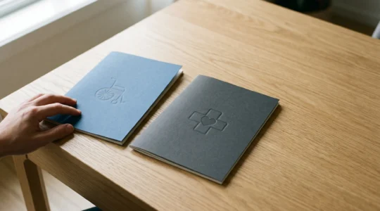 Professional comparing insurance policy documents with disability and medical support symbols in contemplative setting