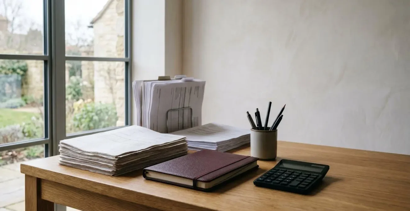 Professional workspace showing organized tax documentation and financial planning materials in natural daylight