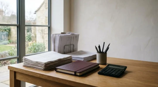 Professional workspace showing organized tax documentation and financial planning materials in natural daylight