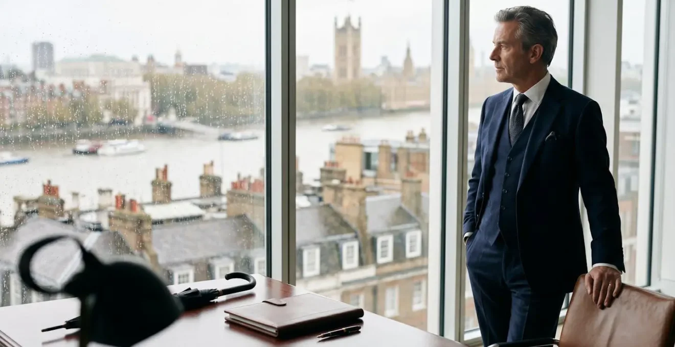High net worth professional reviewing insurance documents in elegant British office setting