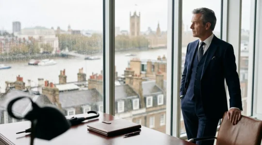 High net worth professional reviewing insurance documents in elegant British office setting