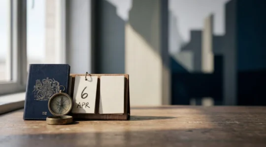 Professional editorial photograph depicting UK tax residency concept through symbolic representation of borders, time, and legal documentation