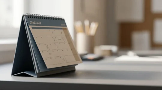 Close-up of calendar page showing January 31st deadline with subtle stress indicators in professional lighting