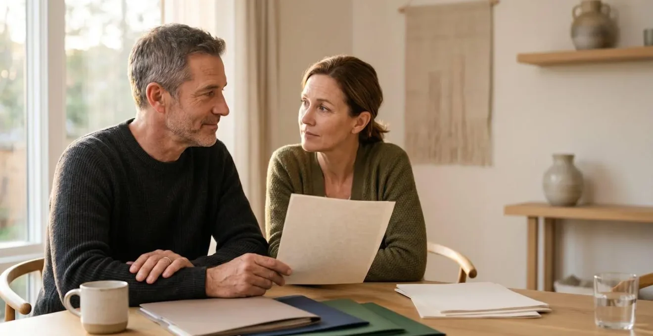 A mature couple reviewing financial documents together at a sunlit dining table, contemplating their family's future protection strategy