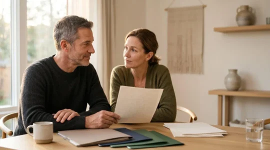 A mature couple reviewing financial documents together at a sunlit dining table, contemplating their family's future protection strategy